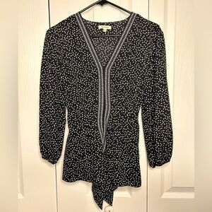 Max Studio Blouse Top Size S Womans Black Polka Dot V-Neck Smocked Waist Stretch